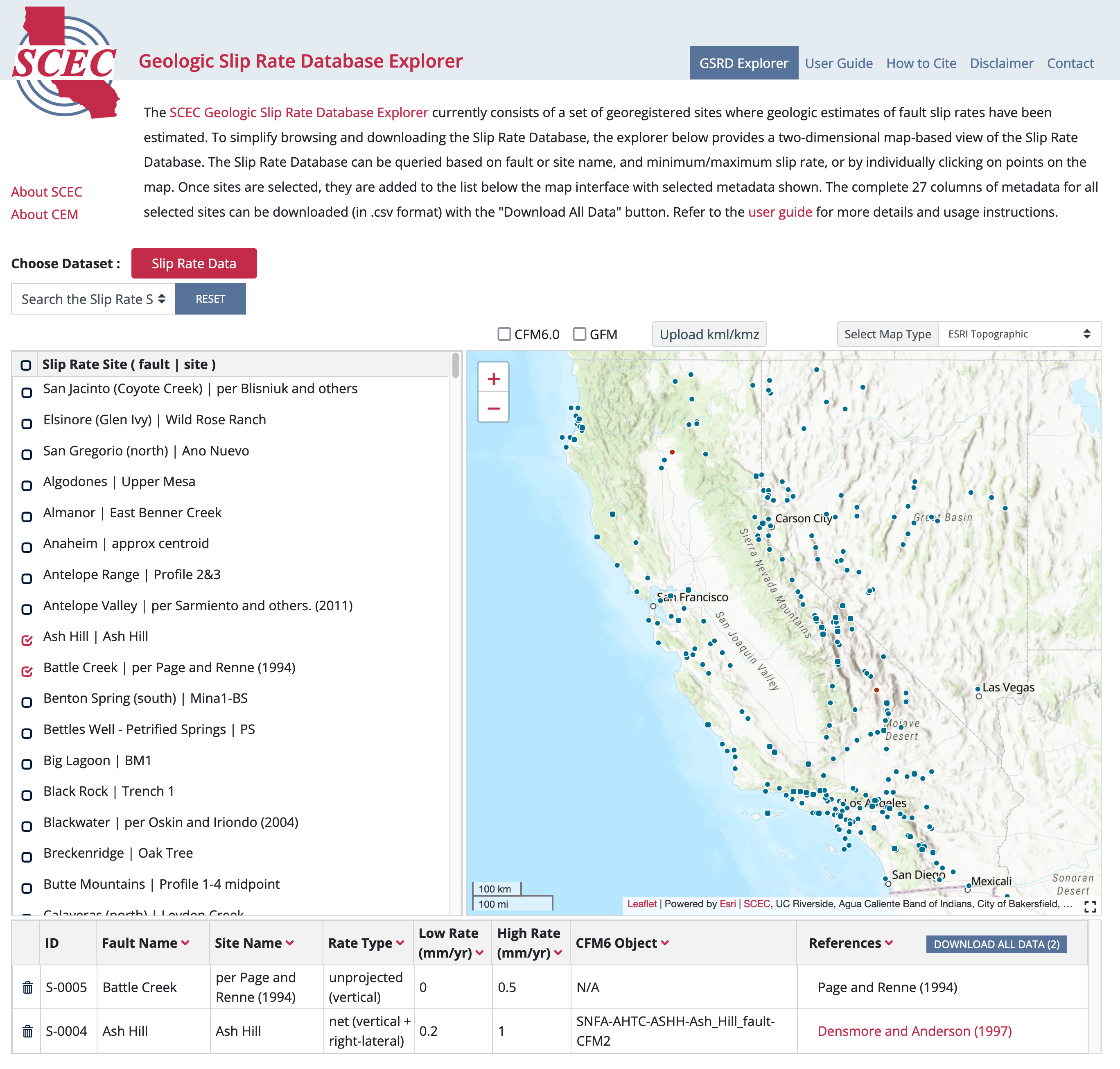 Screen capture of Geologic Slip Rate Database Explorer interface